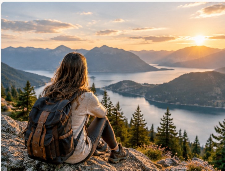 Traveler overlooking a mountain landscape